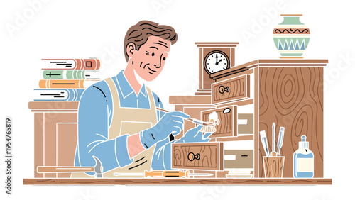 Artisan at Work: An artisan meticulously crafting a small wooden item, surrounded by tools and equipment in a workshop setting.