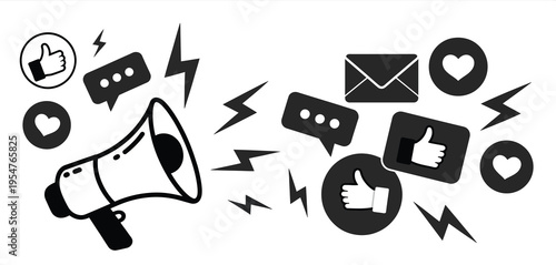 Megaphone with social media elements like message, like, heart, chat, and email icons on transparent background, vector illustration for marketing, promotion, and online communication design projects.