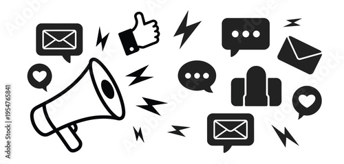 Megaphone with social media icons including message, like, heart, chat, and email, flat vector illustration on transparent background for digital marketing, advertising, and social media campaign 
