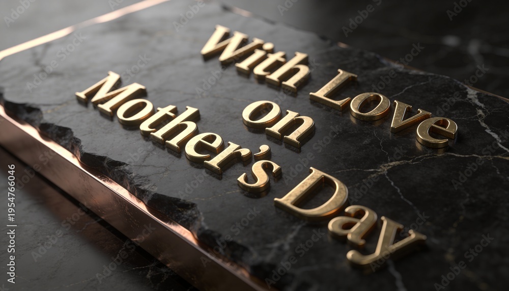 Fototapeta premium Displaying black marble plaque on tabletop showing raised gold letters, copper trim, chiseled edge