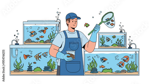 Aquarium Caretaker at Work: A dedicated caretaker is meticulously tending to an aquarium, using a net to carefully scoop out fish, while some of them swim in a tank.