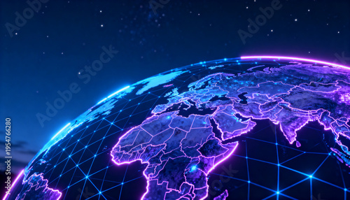 Showing neon-lit globe depicting Earth orbiting in space, purple outlines and blue grid with nodes