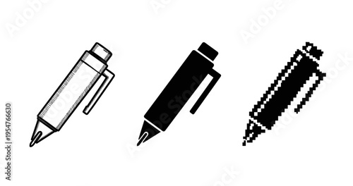 Artistic pen illustrations: sketch, silhouette, pixel art styles