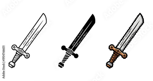 Collection of three stylized swords with unique designs on white background