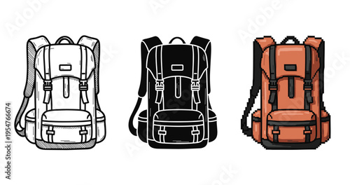 Three backpacks: sketch, silhouette, and pixel art styles on white background