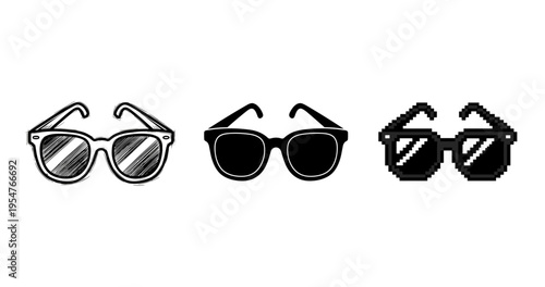 Triptych of sunglasses: sketch, silhouette, pixel art styles on white background