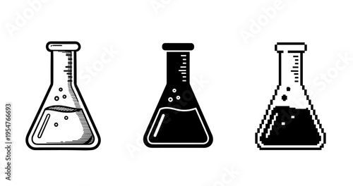 Three distinct black and white laboratory flasks with varying designs