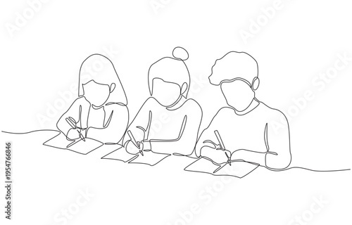 Continuous one line of three children writing side by side at table, shared learning and intellectual discipline concept, single line art
