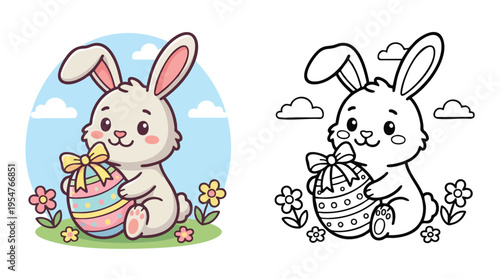 Easter Bunny Coloring Book with Cute Rabbit Holding a Decorated Egg