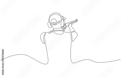 Continuous one line of man firing shotgun on outdoor shooting range, single line art