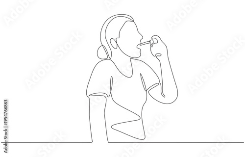 Continuous one line of woman spraying medicine into mouth, relieving sore throat and discomfort concept, single line art
