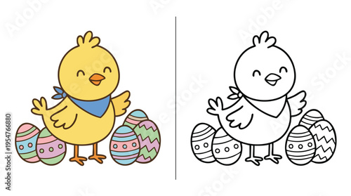 Easter Coloring Book Happy Chick with Decorated Eggs for Children