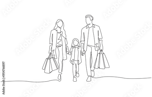 Continuous one line of parents and child shopping together, family bonding through ordinary activity concept, single line art
