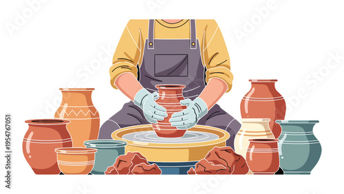 The Potter's Art: A potter skillfully shapes clay on a spinning wheel, surrounded by an array of finished pottery, highlighting the elegance of craftsmanship.
