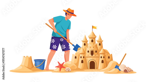 Sandcastle Architect: A sun-kissed individual meticulously sculpts a grand sandcastle on the shore, a testament to the joys of summer.