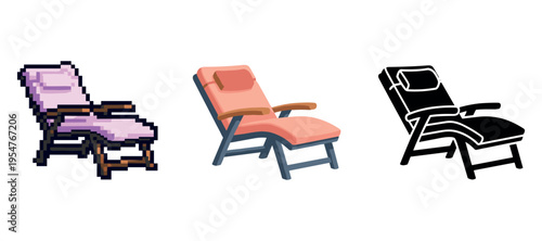 Recliner chair designs: pixel art, realistic, and silhouette styles