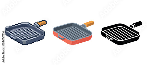 Pixel art, isometric, and silhouette grill pans illustration