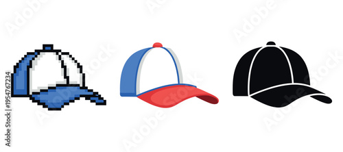Pixel and modern baseball caps: icon comparison in blue, red, and black