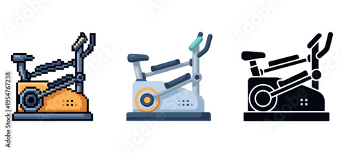 Elliptical trainer icon set: pixel, blueprint, vector styles in various colors