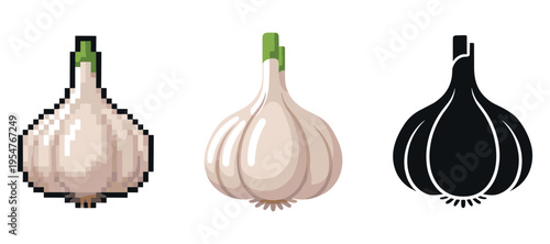 Digital and artistic garlic versions: pixel, realistic, silhouette
