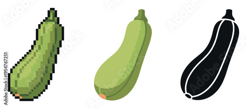 Three zucchini styles: pixel, minimalist, silhouette on white background