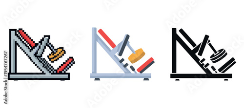 Pixelated and stylized leg press machines: retro, silver, and black designs