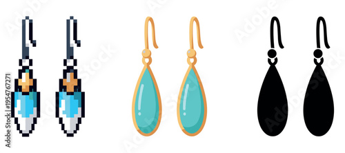 Diverse earring designs: pixel art, teardrop, silhouette styles