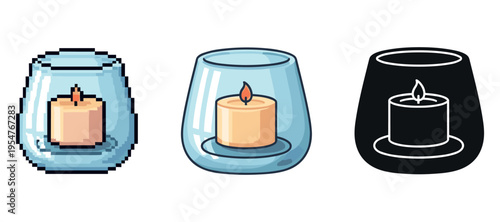 Pixel art and vector candle designs: three styles of burning candles in glass holders