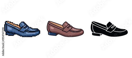 Set of three loafer shoe icons: pixel, cartoon, silhouette styles