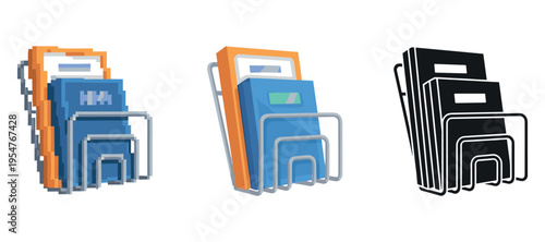 Pixel art document organizers: digital, 3d, vector styles