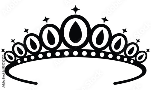 Elegant tiara vector illustration with gemstones perfect for royalty and luxury designs with a simple yet sophisticated black and white graphic style.