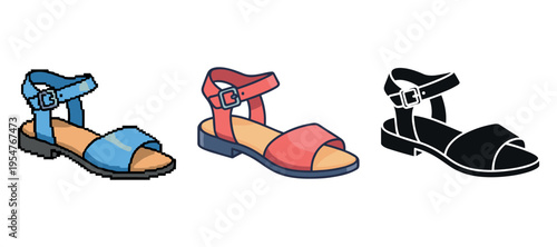 Triple style comparison: pixel art, flat design, and silhouette sandals