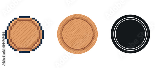 Three differently styled circular wooden and black coasters on white background