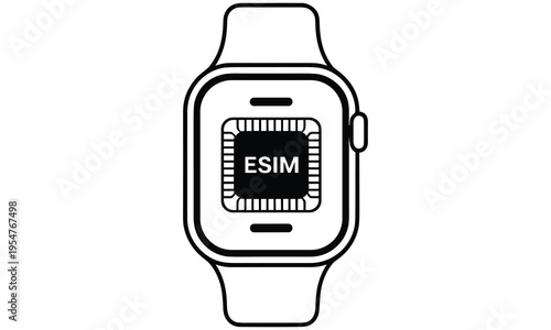 Smartwatch vector illustration highlighting embedded esim technology for cellular connectivity and modern wearable device functionality in a sleek digital design.