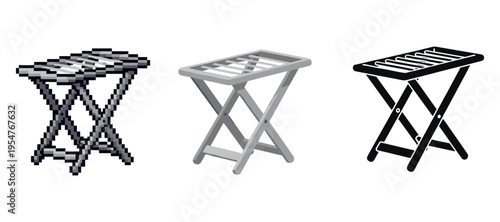 Pixelated, realistic, silhouette folding stools in triple design comparison
