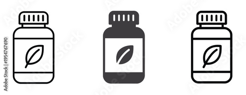 Natural product bottle icon set with leaf emblem, outline, solid, and hand-drawn sketch styles, vector icons for organic supplements, herbal remedies, and natural health branding concepts.