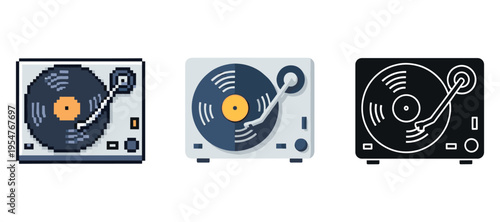 Pixel art turntable trio featuring retro vinyl record players