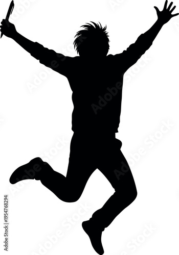 Person Silhouette Jumping With Arms Raised In Victory Pose