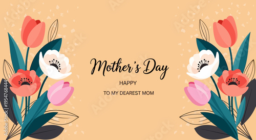Happy Mother's Day Greeting Card Banner with Elegant Floral Illustration and Spring Tulips