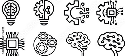 hand drawn artificial intelligence ai mind brain outline icon set vector illustration design 