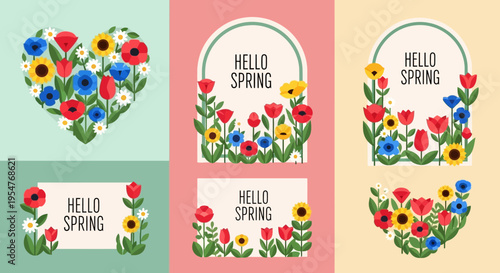 Hello Spring Floral Greeting Card Templates and Banners with Flat Vector Flowers, Hearts, and Arch Frames for Seasonal Marketing