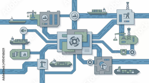 Industrial pipeline system with various machinery.