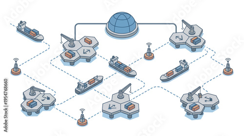 Network of industrial ships and satellites.