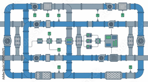 Industrial pipeline system with valves and gauges.