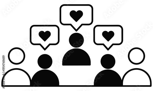 Simple vector graphic illustration of people showing appreciation and love for a central figure, surrounded by hearts in speech bubbles, conveying community and admiration.