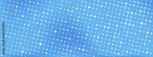 Medical blue background with white cross pattern and plus symbols. Clean healthcare texture for hospital website design, pharmacy banner, or health education template.