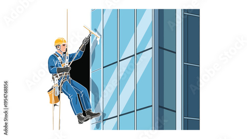 High-Rise Window Cleaner: A window cleaner carefully cleaning the facade of a tall building, showcasing the dedication of workers and commitment to cleanliness.