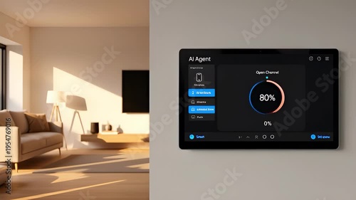 User controls smart home lighting with ai agent interface on wall screen. Digital system manages room brightness via touchscreen application in modern house set-up.