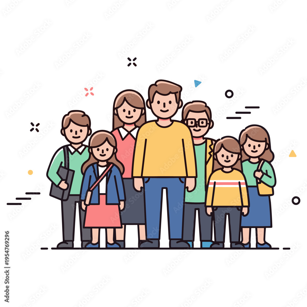 Fototapeta premium Group of people standing together: diverse young and adult cartoon illustration