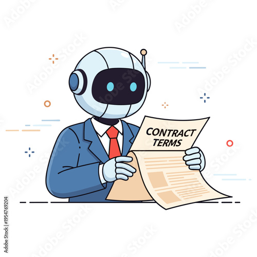 Robotic figure reviewing document on contract terms